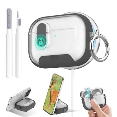 Imagem de Aircawin Capa transparente para Airpods Pro 3, trava segura para Airpods Pro 3ª geração, com suporte para telefone e função Magsafe, pop-up automático, proteção híbrida com mosquetão e caneta de