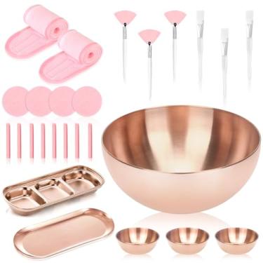 Imagem de 26 kits de suprimentos de esteticista, 3 tigelas de mistura de máscara de ouro rosa, 3 pincéis de leque faciais, 3 pincéis de máscara, esteticista, tigela grande, bandeja de maquiagem, 12 esponjas de