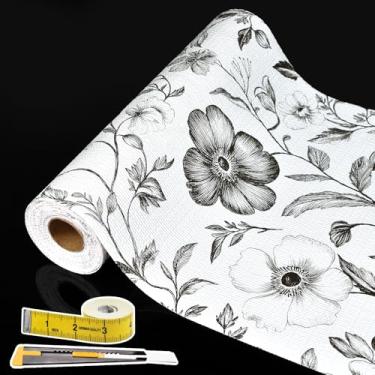 Imagem de Forro de gaveta e prateleira, flores pretas, 43,2 x 20 m, não adesivo, antiderrapante, camada dupla, PVC, reutilizável, espesso, impermeável, fácil de limpar, para armários de cozinha, geladeira