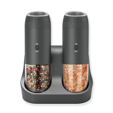 Imagem de Soenglyun Conjunto de moedor de sal e pimenta por gravidade com base de carregamento, moedor de sal automático elétrico com luz LED e 6 espessuras ajustáveis, operação com uma mão e capacidade de 176