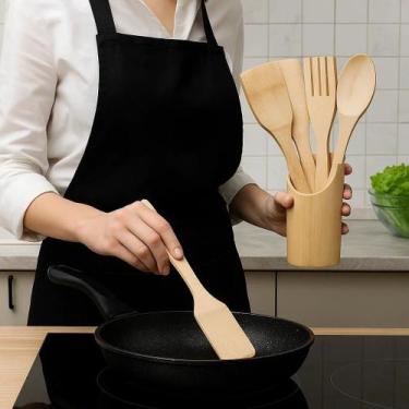 Imagem de Kit Bambu 5 Peças Colher Espátula Natural Sustentável Madeira Cozinhar