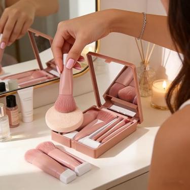 Imagem de Conjunto de pincéis de maquiagem para viagem, 5 peças, estojo compacto, portátil, multifuncional, para pó solto, contorno de blush, viagem diária, rosa