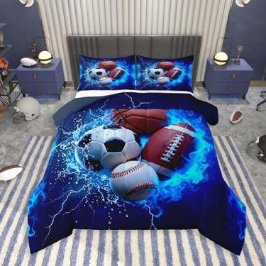 Imagem de Feelyou Conjunto de edredom esportivo para meninos, futebol, futebol, futebol, com 2 fronhas, basquete, microfibra, roupa de cama king, jogo de bola, decoração de quarto, branco, respirável, macio