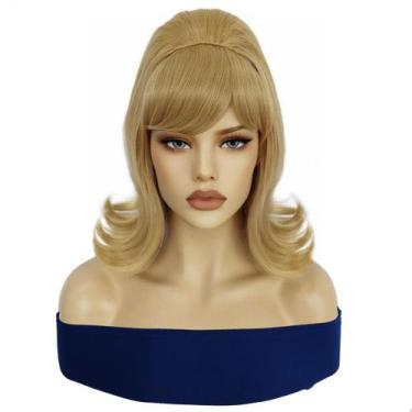 Imagem de Peruca retrô cosplay loira de comprimento médio 35 cm com franja later