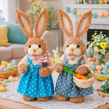 Imagem de Dupla Boneco Coelho Palha Coelhinho Decorativo Páscoa 33cm
