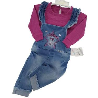 Imagem de Macacão Jardineira Jeans + Body Bebê Menina Paraiso Rf 12978, Fúcsia, 