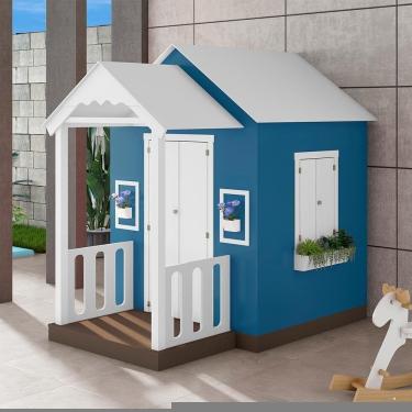 Imagem de Casinha de Brinquedo com Varanda L12 Branco-azul em MDF Infantil Criança Feliz