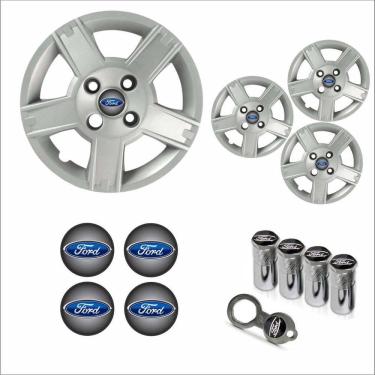 Imagem de Jogo Calota Aro 14 Fiesta Hatch Sedan 2008 à 2010 Ford + Emblema Resinado + Tampa Ventil Antifurto