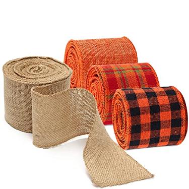 Imagem de 4 rolos de fita de juta de ação de graças, fita de embrulho de borda com fio de outono fita de artesanato multicolorida de búfalo xadrez para decoração de outono de ação de graças arcos florais, 5 cm x 6,6 metros por rolo