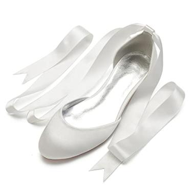 Imagem de Sapatos de casamento para noivas mulheres sapatilhas de cetim sapatilhas com fivela bico redondo sapatos sociais 36-44,Ivory,10 UK/43 EU
