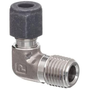 Imagem de Parker Encaixe de tubo de compressão de aço inoxidável CPI 4-4 CBZ-SS 316, cotovelo de 90 graus, diâmetro externo de 1/4" x NPT macho