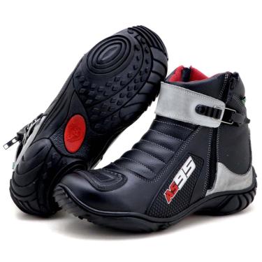 Imagem de Bota motociclista semi impermeável calce fácil em couro na cor preta e asfalto AS95 - Atron Shoes-Unissex