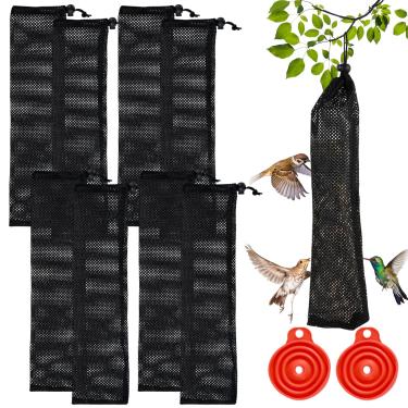Imagem de 8 peças de alimentador de meias para atividades ao ar livre, sacos de comedouro de sementes de cardo, meias de cardo para pássaros com 2 funis dobráveis de grau alimentício, meias de malha,