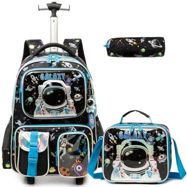 Imagem de Egchescebo Mochila Escolar Infantil com Rodinhas para Menino e Crianças Rodas Bolsa Mala Carrinho 17” 3PCS Lancheira Juvenil Estojo Costas Divertidamente Multifuncionais Astronauta Azul