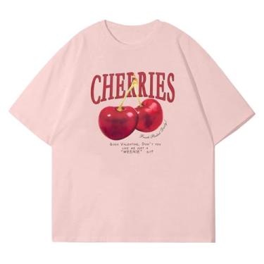 Imagem de Pairxily Camisetas estampadas grandes vintage de cerejeira para homens com estampa estética unissex camisetas casuais de manga curta, Rosa coral, GG