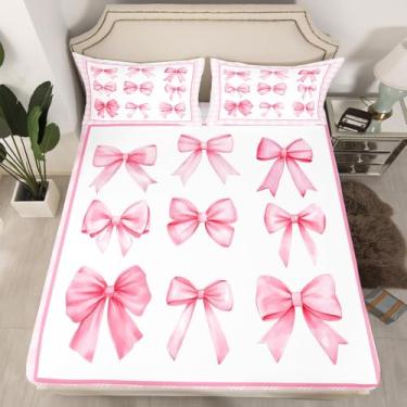 Imagem de Jogo de cama Queen com laço rosa, xadrez, geométrico, patchwork, decoração de quarto de meninas e mulheres, princesa romântica chique, lençol com elástico, 2 fronhas (sem plano)