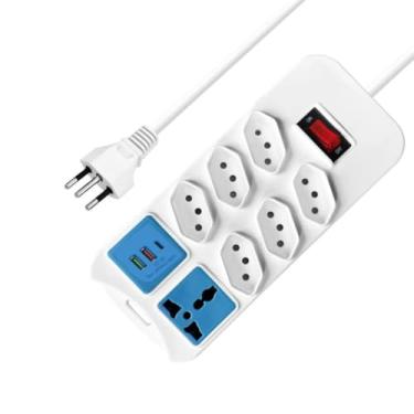 Imagem de Régua de Tomadas, Filtro de Linha, Extensão Tomada com 6 Saídas, 2 Portas USB, 1 USB-C, 1 Tomada Universal, Cabo 2m