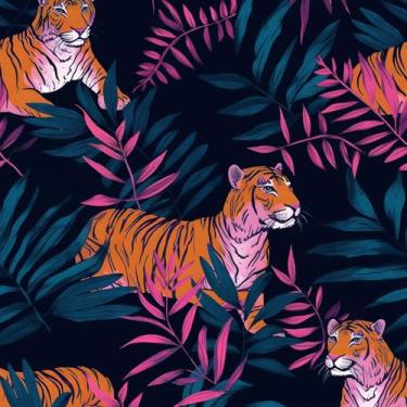 Imagem de ILHIIOR Papel de parede de tigre Boho Peel and Stick papel de parede folha vintage papel de contato boho azul floral papel de parede removível autoadesivo para gavetas de armário decoração de parede