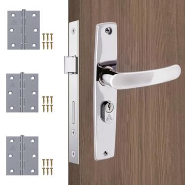 Imagem de Fechadura Para Porta Externa Aço Inox Polido Cromado + Dobradiças Aço Zincado 3.1/2"