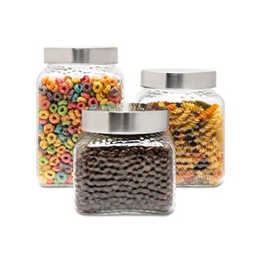 Imagem de Style Setter Conjunto de potes quadrados de vidro de 3 peças em frascos de vidro de 43, 64 e 2,12 g, design retrô chique com tampas herméticas de aço inoxidável para biscoitos, doces, café, farinha, açúcar, arroz, cereais martelados