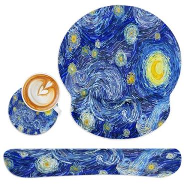 Imagem de Britimes Conjunto ergonômico de mouse pad com descanso de pulso abstrato céu noturno base de borracha antiderrapante suporte de almofada de pulso e porta-copos mousepad com suporte de pulso para