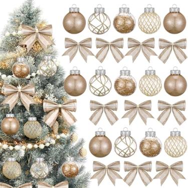 Imagem de Syhood Conjunto de 24 peças de enfeites de árvore de Natal champanhe, bola de Natal de plástico transparente e laço de fita dourada com glitter, decorações de árvore de Natal para casa, casamento