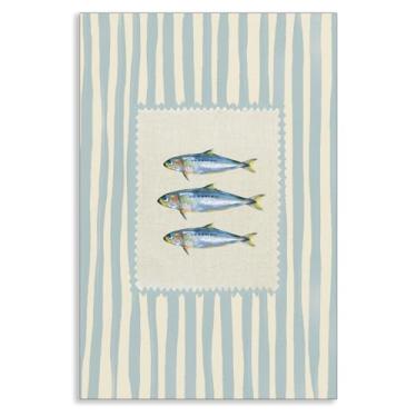 Imagem de Leetideful Arte de parede em tela de peixe de sardinha, pôster de pintura de peixe listrado bege azul, impressão de comida de cozinha encantadora de dopamina, imagem vibrante de verão costeiro para