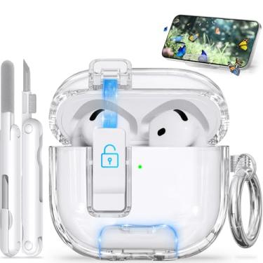 Imagem de Capa para AirPods 4 com suporte de telefone e trava de segurança, capa transparente para AirPod de abertura automática compatível com Apple AirPods 4ª geração 2024, capa protetora antiarranhões e à