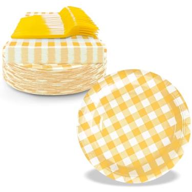 Imagem de WYQJHKV Serve 35 artigos de festa de guingão amarelo, incluindo pratos e guardanapos de papel de sobremesa amarelos descartáveis de 17 cm para casamento, chá de bebê, festa de aniversário (105 peças)