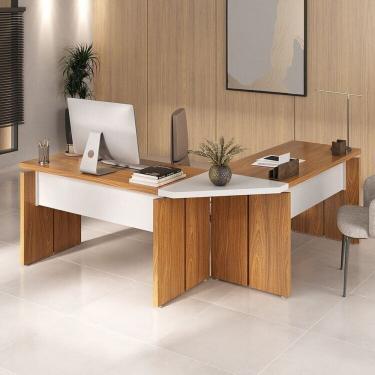 Imagem de Kit Mesa Diretor em L para Escritório e Atendimento Freijó/Branco