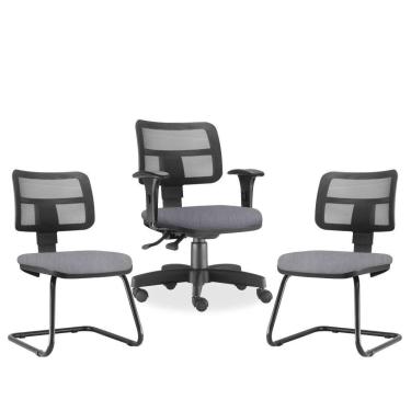 Imagem de Kit Cadeira de Escritório Giratória e 02 Cadeiras Fixas Zip L02 Linho Cinza - Lyam Decor