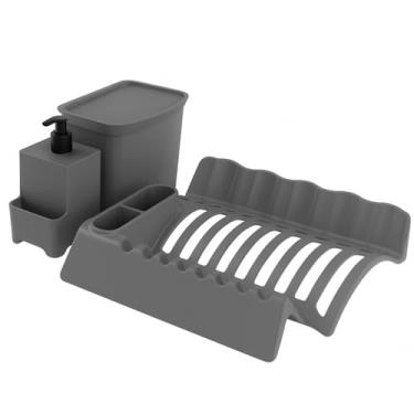 Imagem de Kit Organizadores para Pia 3 Peças, Escorredor de Pratos Talheres, Dispenser 650ml, Lixeira 2,5L, P/Cozinha Bancada, Louça, Utensílio (Cinza)