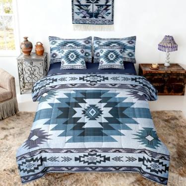 Imagem de Homewish Conjunto de cama xadrez tribal vintage, tamanho queen, retrô, étnico, tribal, xadrez, para crianças, adolescentes e adultos (edredom, lençol de cima, lençol com elástico, 2 fronhas, 2 fronhas