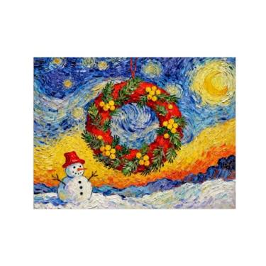 Imagem de Pinturas em tela Natal-Quadros Decoração de Parede-Guirlanda boneco neve noite estrelada-Inverno Paisagens Impressões para Sala de Estar 60x80cm Sem Moldura