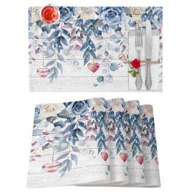 Imagem de Jogo americano de dia dos namorados, conjunto de 8 tapetes de mesa de coração com folhas de eucalipto azul de grão de madeira rosa para decoração de mesa de dia dos namorados para decoração de mesa de