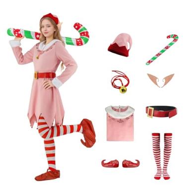 Imagem de Gvnphal Vestido feminino de fantasia de elfo de Natal com orelhas de elfo chapéu sapatos cinto meias colar conjunto de bengala doce 2GG
