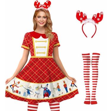 Imagem de For G and PL Fantasia feminina de elfo natalino, manga curta, vermelho, verde, vestido rodado com faixa de cabeça e meias listradas, Vermelho de Natal, M