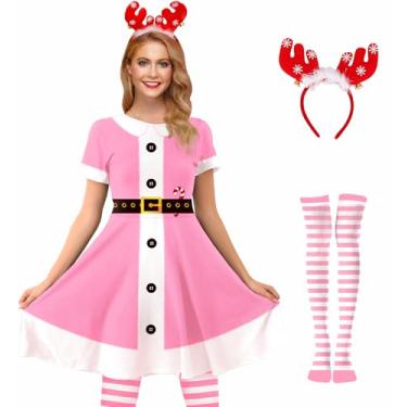 Imagem de For G and PL Fantasia feminina de elfo natalino, manga curta, vermelho, verde, vestido rodado com faixa de cabeça e meias listradas, Papai Noel rosa, M