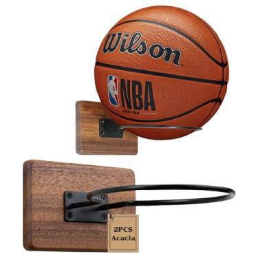 Imagem de Rovarahoom Suporte de parede de basquete, 2 peças de suporte de bola de madeira de acácia para armazenamento de autógrafos de futebol e vôlei, suporte de basquete para meninos, acessórios esportivos