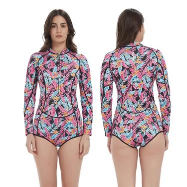 Imagem de DEMMET Roupa de mergulho de neoprene de manga comprida de 1,5 mm-3 mm, roupa de mergulho curta, biquíni com zíper, estampa rosa, protetor solar, roupa de mergulho feminina para mergulho, natação