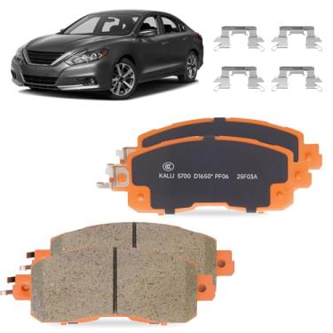 Imagem de KALUJ Conjuntos de pastilhas de freio dianteiras de cerâmica D1650 compatíveis com Nissan Altima 2013 2014 2015 2016 2017 2018 2019 2020, compatíveis com Nissan Leaf 2014 2015 2016 2017, 4 peças