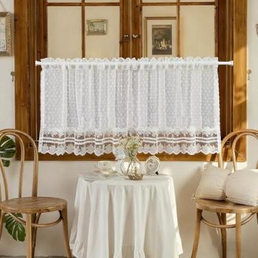 Imagem de Cortina transparente creme, 50,8 cm de comprimento, para cozinha, janelas pequenas, bolinhas, renda, café, cortina, curta, vintage, francesa, bordada, floral, voile, camadas de tratamento de janela, 1