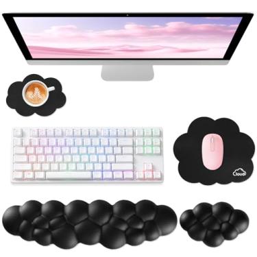 Imagem de Sushret Cloud Apoio de Pulso para Teclado de Computador, Conjunto 4 em 1 com Espuma de Memória e Couro, Mouse Pad com Suporte Ergonômico para Braço e Palma, Ideal para Jogos e Trabalho