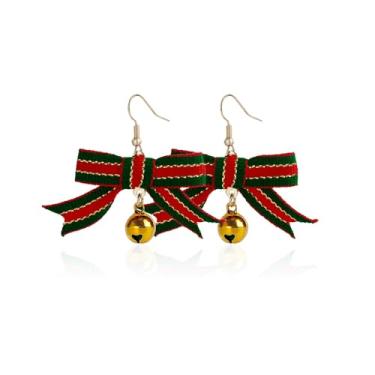 Imagem de Brincos femininos com laço verde e vermelho com pingente de sino delicado festival, feriado, laço, bola, sino, pingente, anzol, joia fofa para festa de Natal, Medium, Metal, Sem pedra preciosa