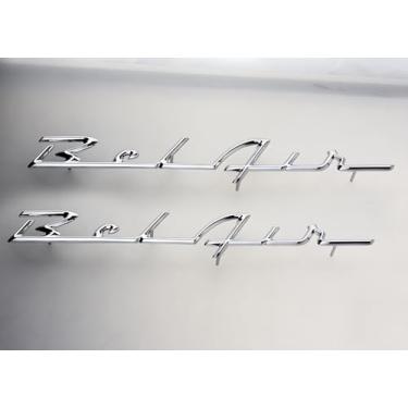 Imagem de 2 peças de emblemas Tri Five Belair painel traseiro escrito 3D emblemas placa de identificação substituição para 1955-1956 Tri Five (cromado)