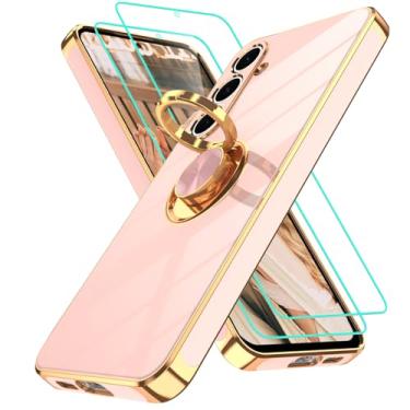 Imagem de Gritup Capa para Samsung Galaxy S24 FE | 2 peças protetoras de tela | Suporte magnético de rotação de 360°, capa protetora à prova de choque de TPU macio com borda dourada banhada a ouro para S24 FE