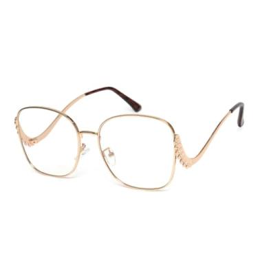 Imagem de HPIRME Óculos femininos retrô oversized com armação de metal dourada curvada e lentes de luxo com proteção UV400 (C6)