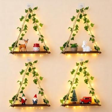 Imagem de juciasouul Prateleiras flutuantes para parede, sem perfuração, conjunto de 4, prateleiras suspensas com luzes LED, decoração de parede de plantas, decoração de sala de estar artificial para casa