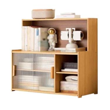 Imagem de x3anggyt5 Estante de livros de mesa com porta de armário de plástico, prateleira de armazenamento de bambu de várias camadas, para estudo em casa ou escritório estante