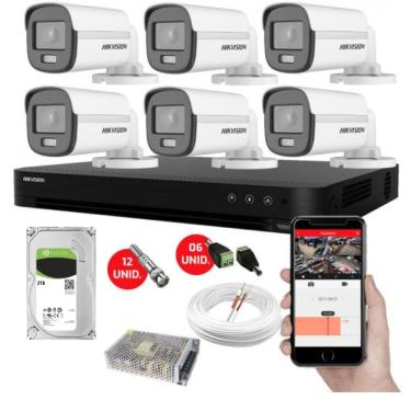 Imagem de Kit CFTV 6 Câmeras de Segurança Hikvision Colorvu Imagens Noturnas Coloridas Full HD 1080p c/hd 2TB